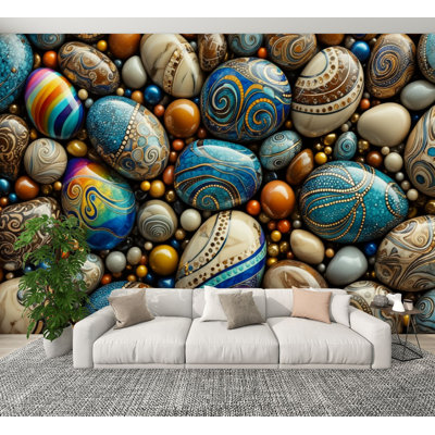 Peel and Stick Wallpaper Painted Stones Blue Gold Earth Tone Swirls Wall Murals 69"H x 96"W Removable PVC Wall Paper Self-Adhesive Wall Decor for Bedroom Living Room Home Office