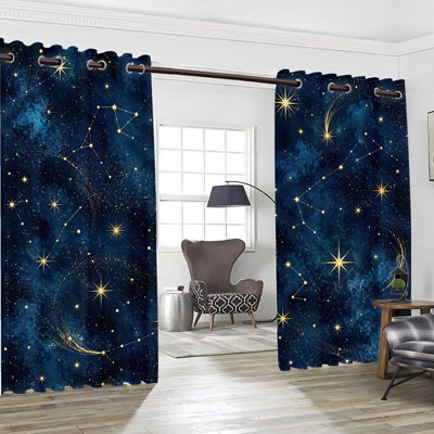 2Pcs Celestial Grommet Blackout Curtains, Galaxy Constellation Printed Polyester Drapes, Thermal Insulated Heat Blocking, Noise Reducing & Privacy Protection, Room Darkening for Bedroom Living Kitchen Indoor Home Decor