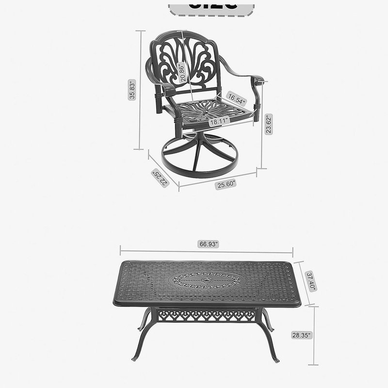 7-Piece All-Weather Cast Aluminum Dining Set, Include 6 Swivel Chairs and Rectangular Table With Black Frame (same sku:W1710S00465)