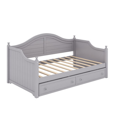 Twin Size Wood Daybed With 2 Storage Drawers ,Wooden Sofa Bed With Handrail For Living Room Bedroom
