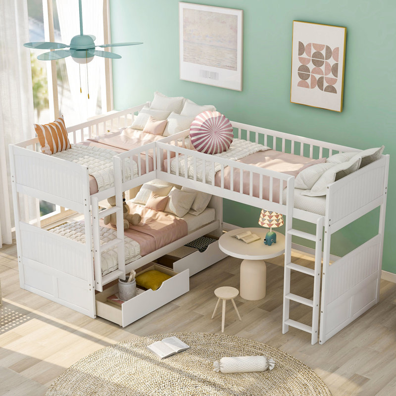 Lit superposé simple blanc avec mezzanine et tiroirs de rangement - et chambre à coucher avec compartiments pratiques, Blanc