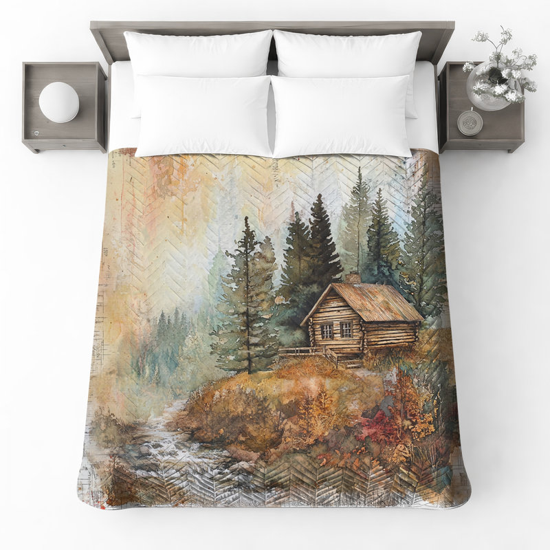 Rustic Cabin Forest Bedding Cabin Bedspread Landscape, Queen