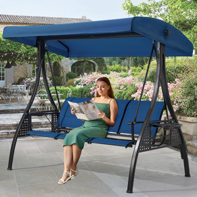 Balancelle d'extérieur 3 places avec auvent, balancelle de patio avec dossier PVC-coated polyester et 2 porte-gobelets pour la cour, le porche et le jardin