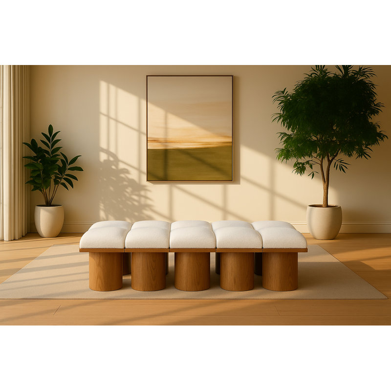 Husnan Boucle Upholstered Bench, 17.5" H x 77.5" W x 36" D, Walnut Brown, Cream Boucle Fabric