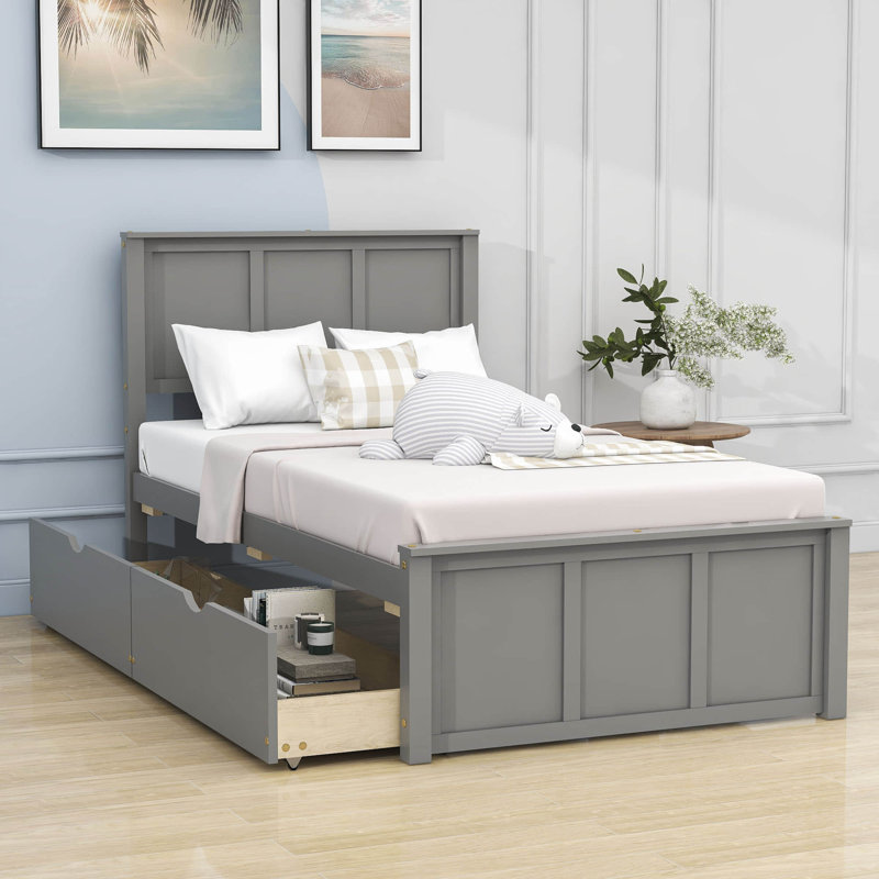 Lit plateforme simple avec deux tiroirs Dominyc, gris