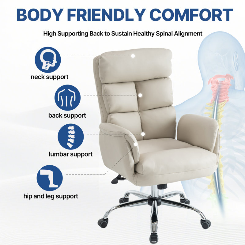 Fauteuil de direction ergonomique en similicuir capitonné avec accoudoirs rembourrés, Beige