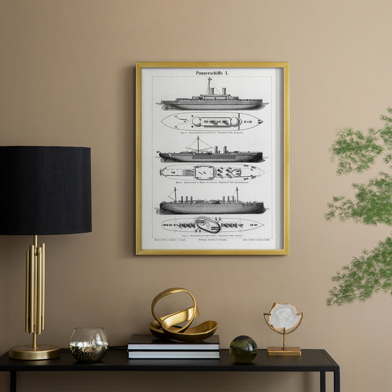 Reproduction encadrée de bateau industriel - bois massif, H 15 po x l 12 po, Doré
