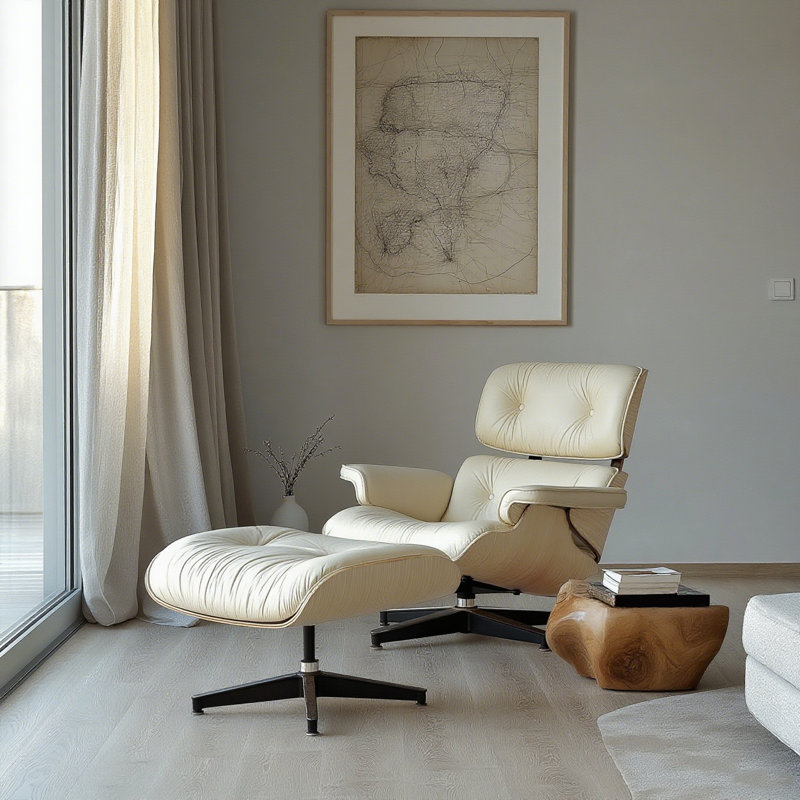 Real Leather Upholstered Accent Chair With Ottoman And Heavy-Duty Aluminum Base, Cream-Light Wood
