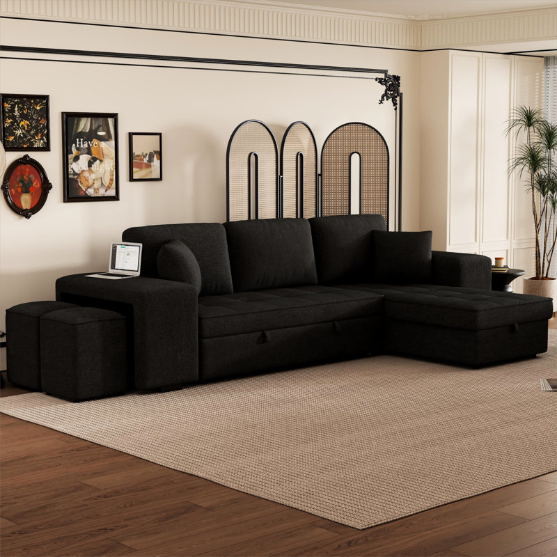Canapé d'angle en L avec canapé-lit confortable, méridienne de rangement et 2 poufs, gris anthracite, style moderne réversible