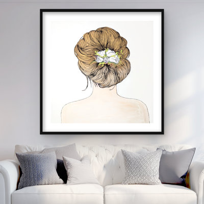 Dame avec des fleurs aux cheveux blonds - impression encadrée avec passe-partout
