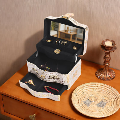 Boîte à bijoux vintage avec serrure et clé, 3 compartiments, rangement décoratif pour bijoux, étui en alliage de zinc avec miroir intégré pour bagues, boucles d'oreilles et bracelets.