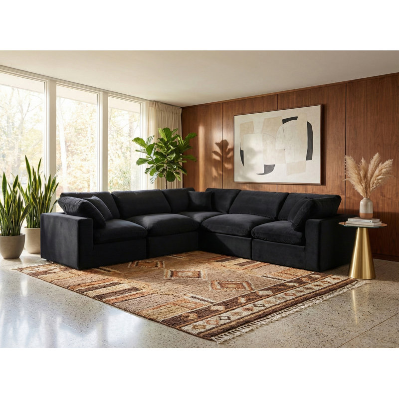 Isshak Velvet L-Shaped Sectional Reversible, Black Velvet