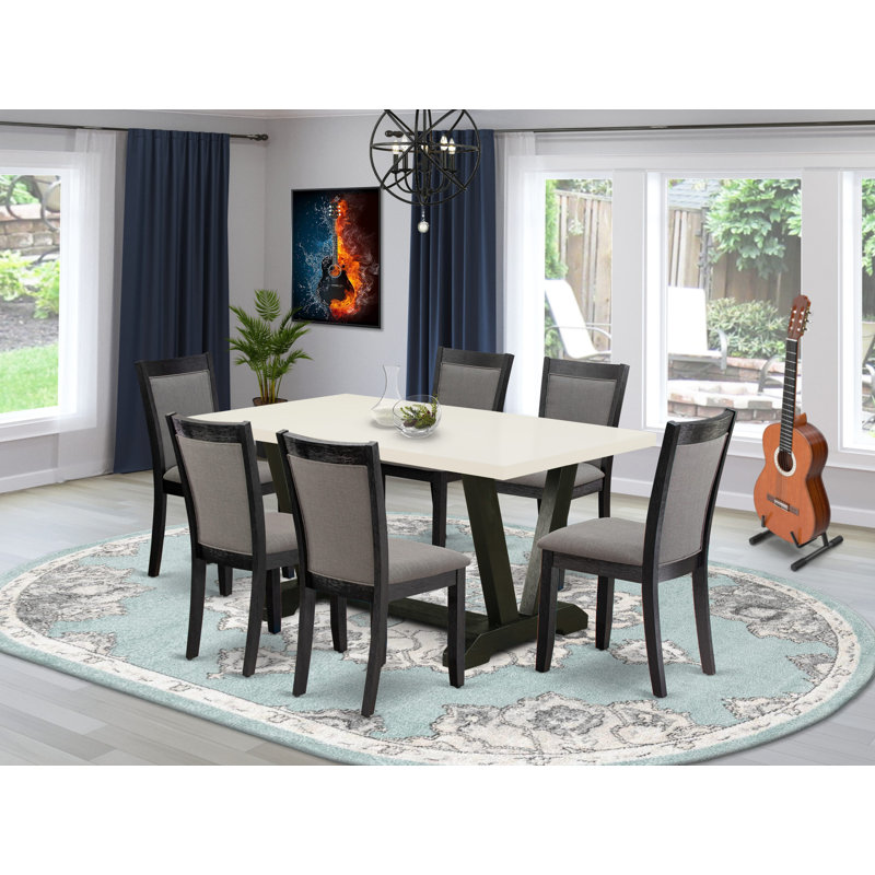 7 Piece Table Set - A Linen White Top Dinner Table with Trestle Base and 6 Dark Gotham Grey Linen Fabric Parson Chairs - Wire Brushed Black Finish
