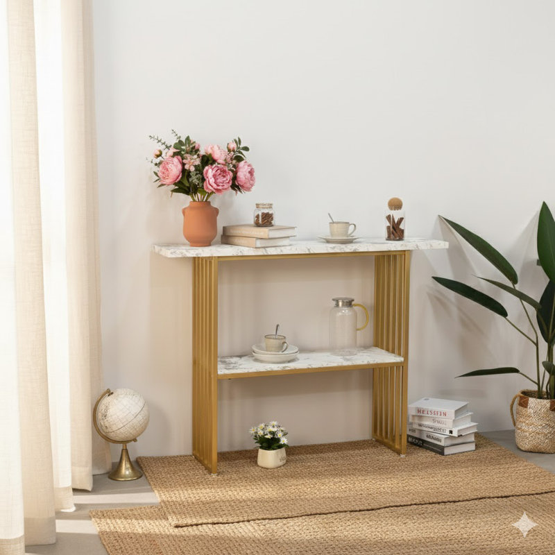 Modern Luxury Gold Metal Frame Console Table , Chic Entryway Table With Storage Shelf For Living Room Decor