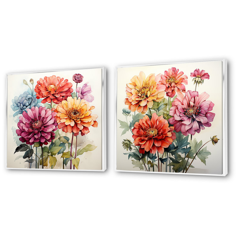 Illustration simple du bouquet Zinnia I - ensemble de 2 impressions sur toile Zinnias, Cadre blanc