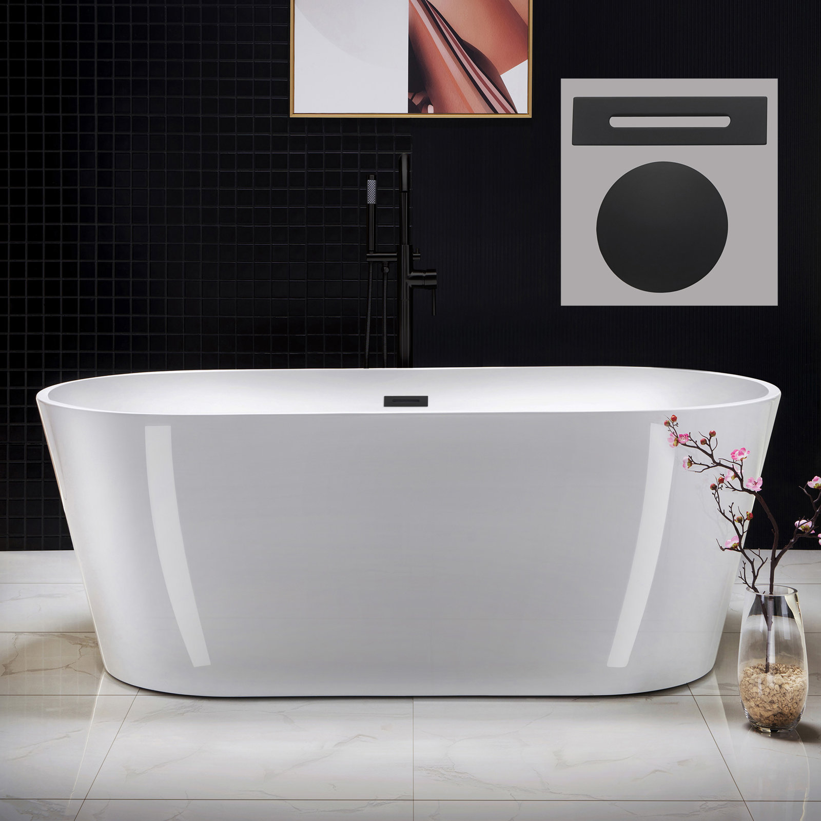 Cove 67" Freestanding Soaking Acrylic Bathtub, Matte Black, White