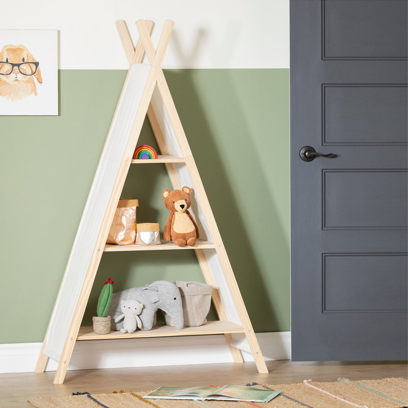 59.25" Natural Pine and White Cotton Teepee Shelving Unit