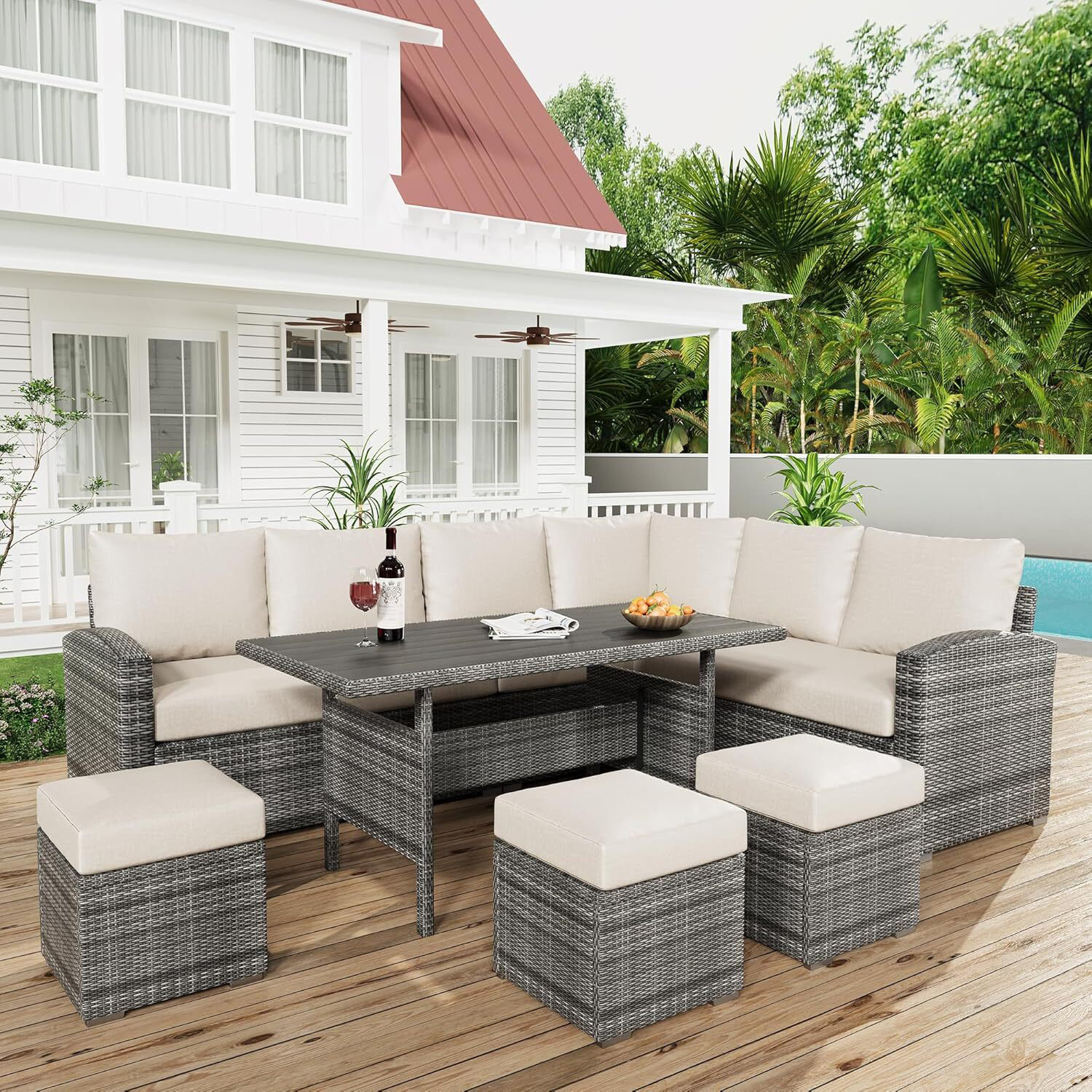 Lark Manor 5-Piece Outdoor Patio Furniture Set, 7-Seater PE Rattan ...