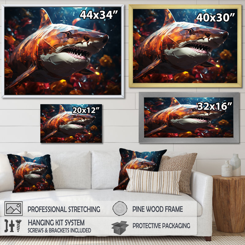 «Blue Shark Predators Glare Geometric I», reproduction d'art sur toile, H 24 po x l 32 po x P 1 po, Cadre naturel flottant