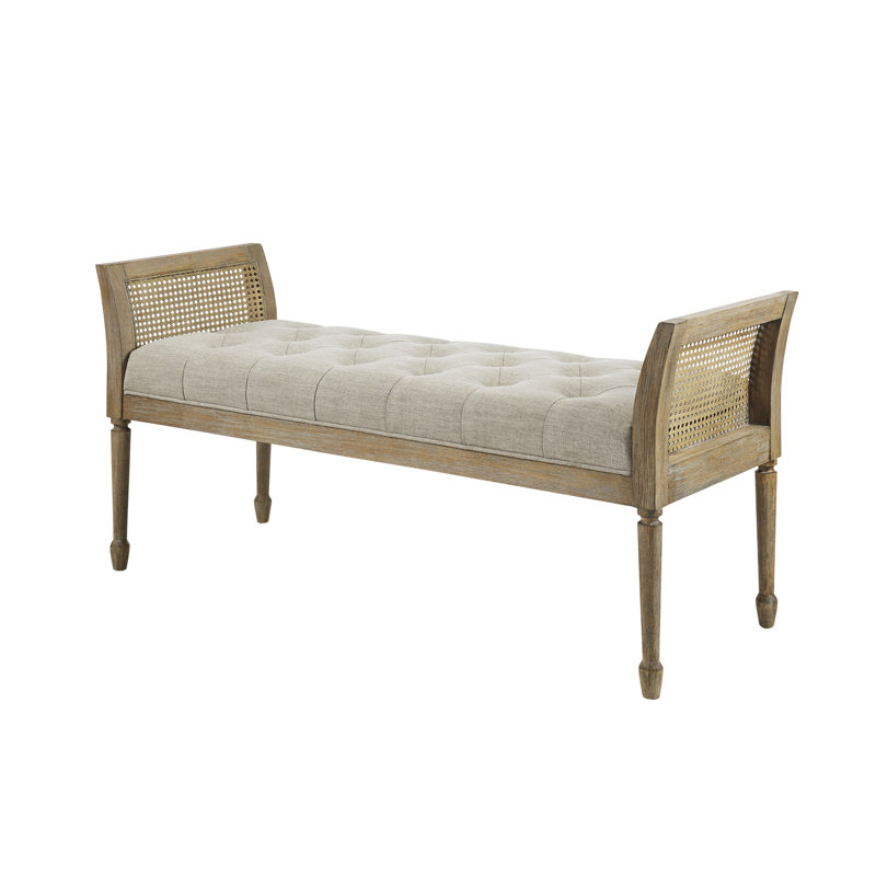Martha Stewart Bedford Isla Tufted Upholstered Accent Bench with Cane Sides and Wood Frame