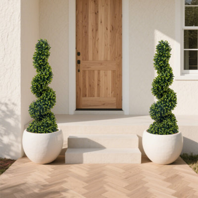 Paquet de 2 arbres topiaires en buis artificiel, plantes topiaires de 4 pieds en pot pour la décoration du porche de la maison, intérieur / extérieur