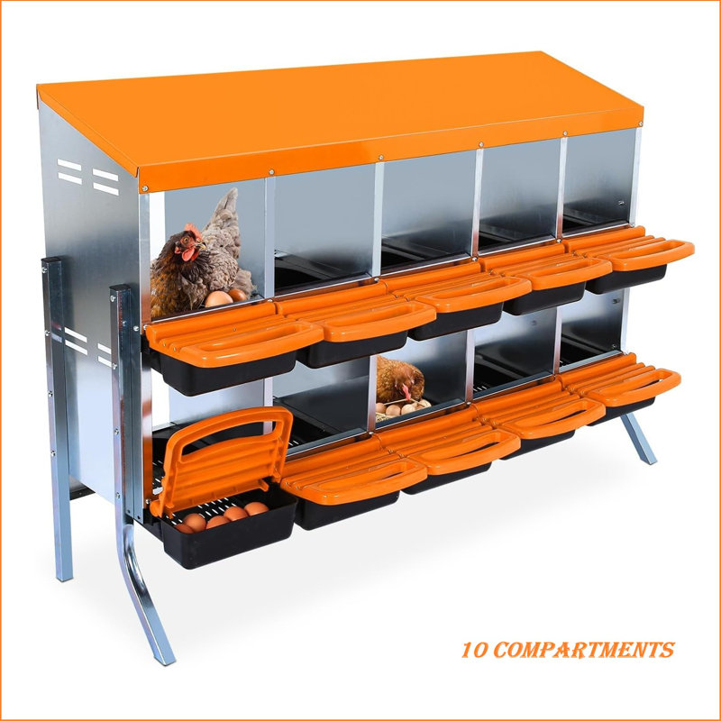 Chicken Nesting Boxes,10 Holes Metal Roll Away Eggs Laying Boxes With Ventilation Holes,rustproof Plastic Tray & Keyhole Mounting, Cleanable Pull Out Nest Box For Hen & Duck, Orange