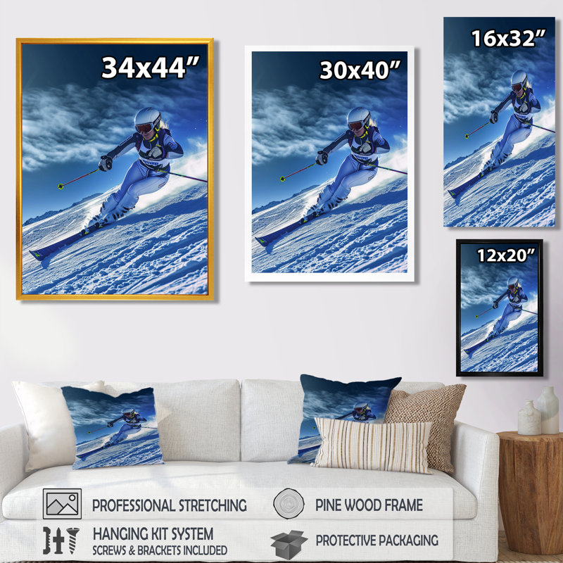 «Descendant la montagne en vitesse et style II», art mural de ski, Cadre flottant noir, H 32 po x l 16 po x P 1 po