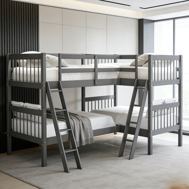 Abigel Kids Twin Over Twin Bunk Bed, Gray