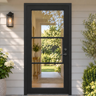 Ensemble de porte d'entrée renforcé en fibre de basalte 3-Lite 32 po x 80 po noir, à droite vers l'intérieur, cadre en PVC 4-9 / 16 po Knock-Down
