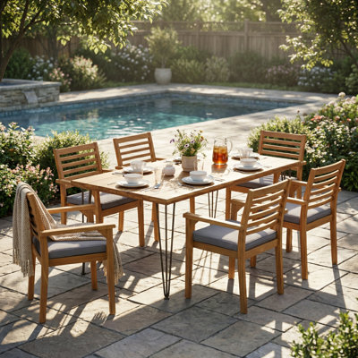 7 Pieces Acacia Wood Outdoor Dining Set S,Modern 6 Chairs  1 Large Table,Dining Furniture Set For Lawn, Backyard, Garden Deck,Poolside,Teak