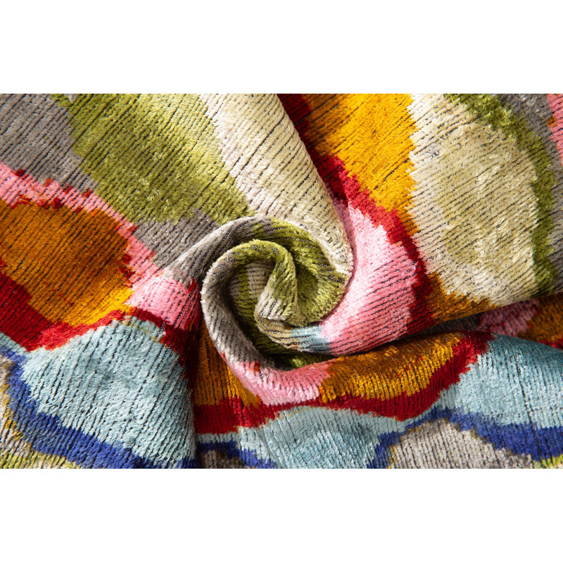 Luxury Handmade Silk Velvet Throw Pillow - 16X24 In, Multicolored Geometric Design With Down Feather Insert