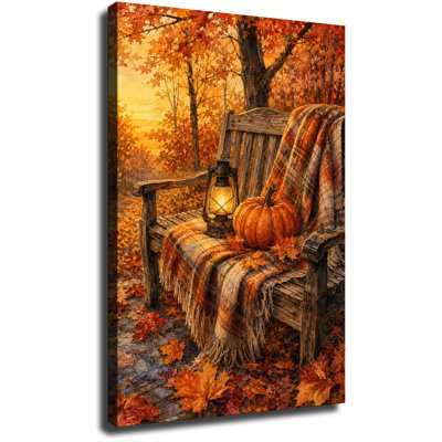 Watercolor Autumn Garden Scene With Wooden Bench, Plaid Blanket, Pumpkin And Lit Lantern, Harvest Fall Canvas Wall Art For Home Decor