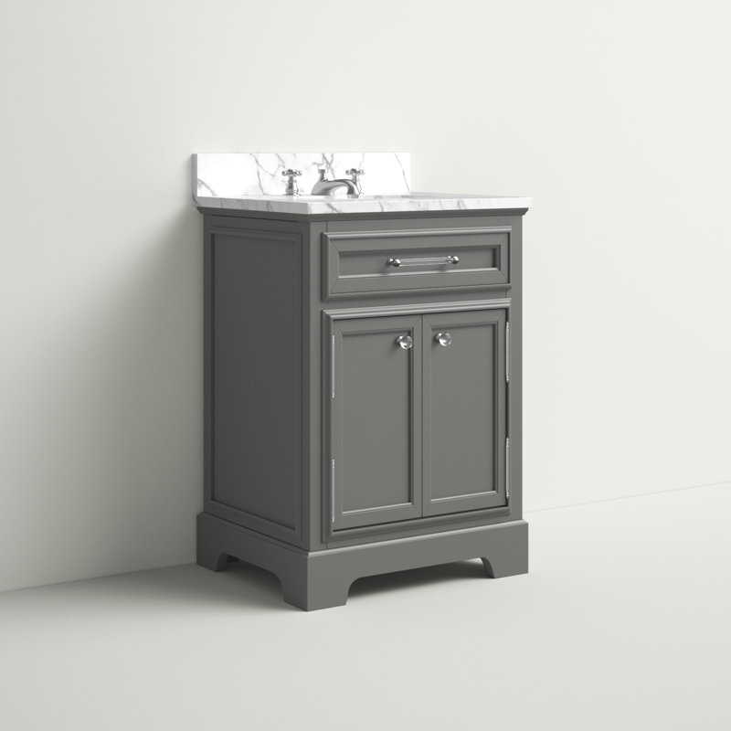 Meuble-lavabo de comptoir en marbre blanc Carrara de 24 po avec robinet Derby, Gris, Robinet et robinet inclus