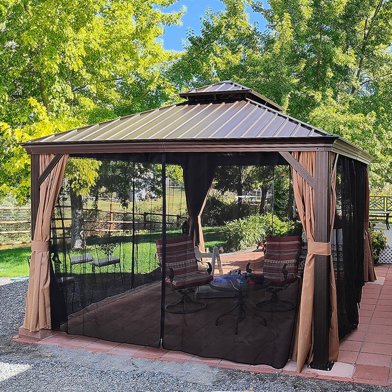 PURPLE LEAF Hardtop Gazebo with Curtains and Netting for Hot Tub Heavy Duty Deck Beach Pool Backyard Outdoor Canopy Tent Sun Shade Metal Roof Patio Permanent Pavilion