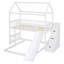 Lit simple superposé au dessus d'un lit double avec glissade, lit maison avec glissade, blanc-1982435595