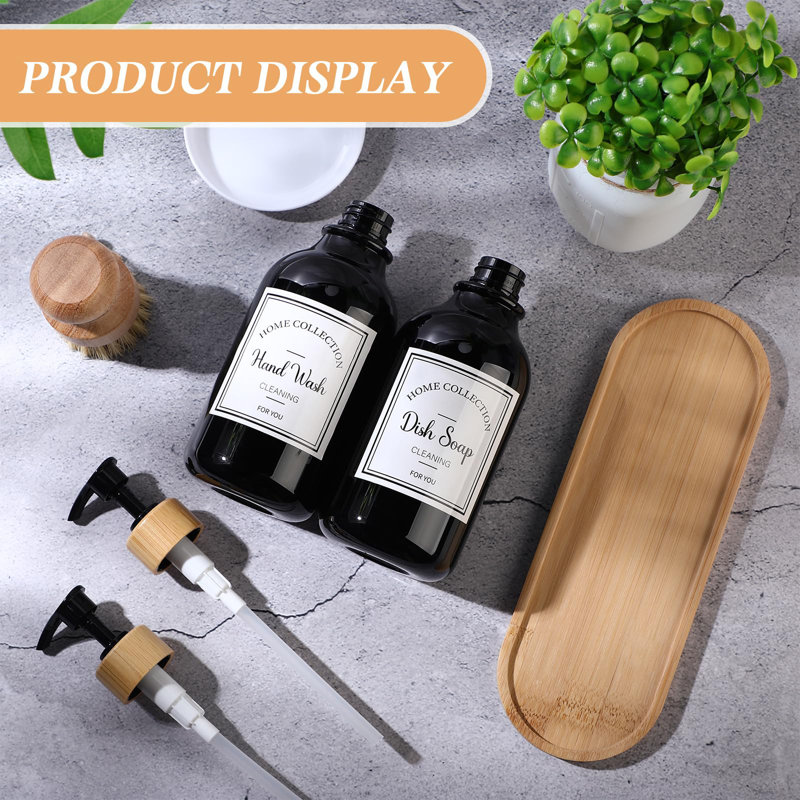 Ensemble de distributeur de savon de cuisine 4 pièces avec plateau en bambou et brosse à vaisselle en plastique 4 oz, Noir