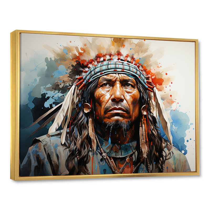 «Native Apache Warrior» sur toile, Cadre flottant doré, H 34 po x l 44 po x P 1,5 po