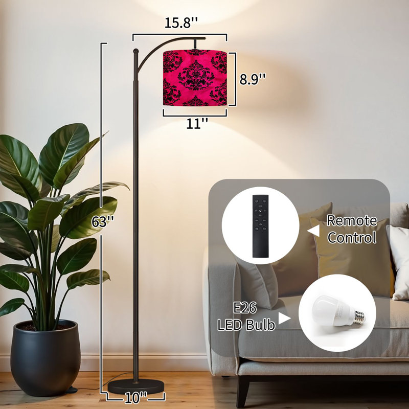 Lampe sur pied à arc avec abat-jour réglable Élégante lampe sur pied damassée noire et rose vif à 3 températures de couleur à intensité variable avec interrupteur au pied pour chambre à coucher