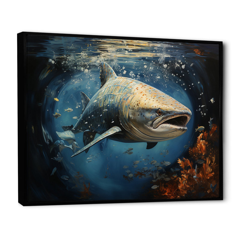 " Gray Blue Shark Elegance II ", 16" H x 32" W x 1" D, Black Floater Framed