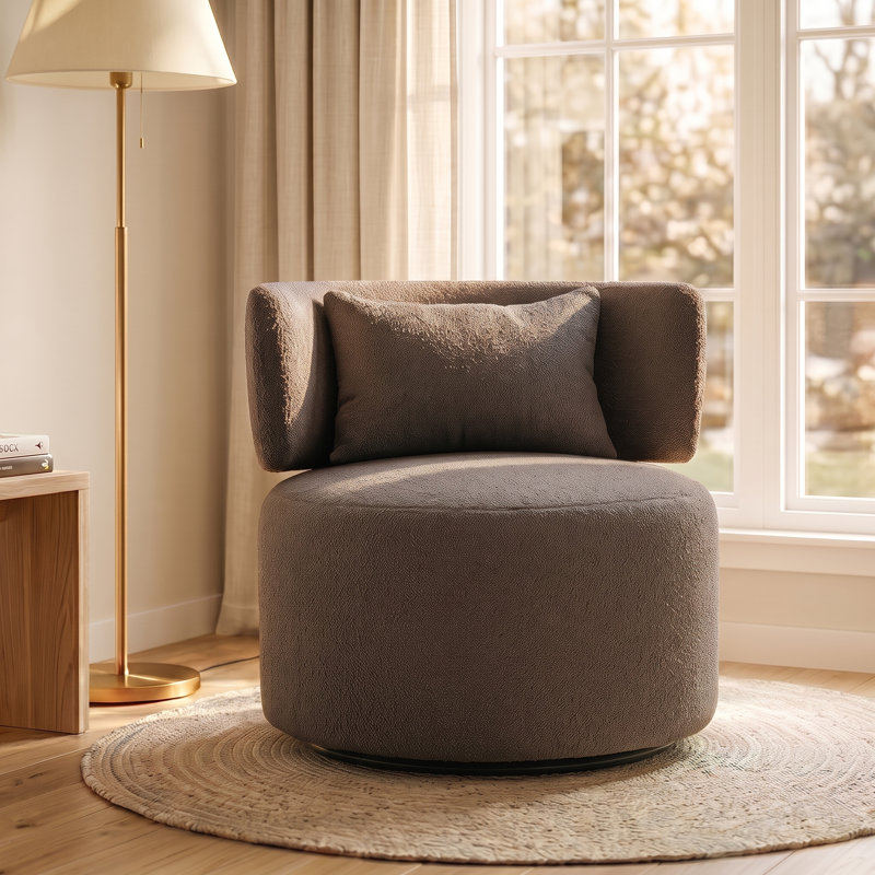Narissa Swivel Accent Chair with Throw Pillow, Taup Teddy