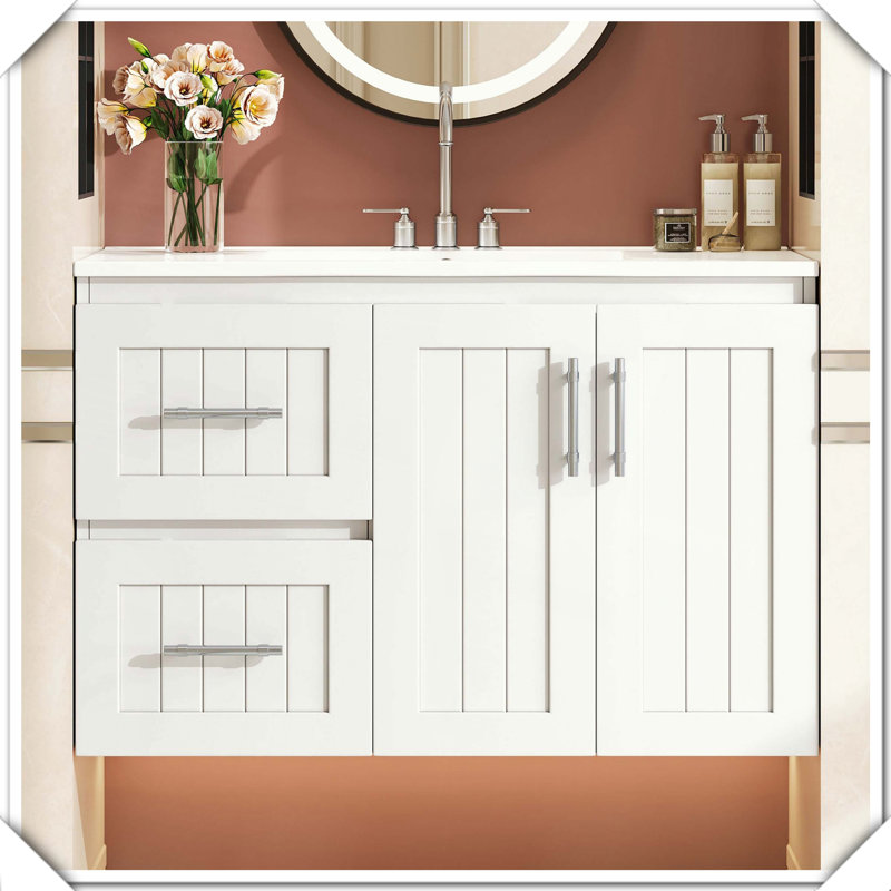 Meuble-lavabo mural moderne avec tablettes réglables en céramique, Blanc