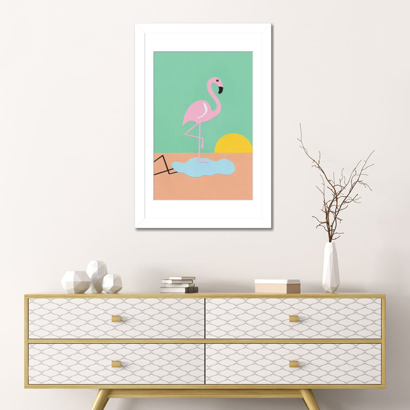 Flamant rose - reproduction d'art mural - papier d'art encadré, H 24 po x l 16 po, Impression encadrée avec passe-partout