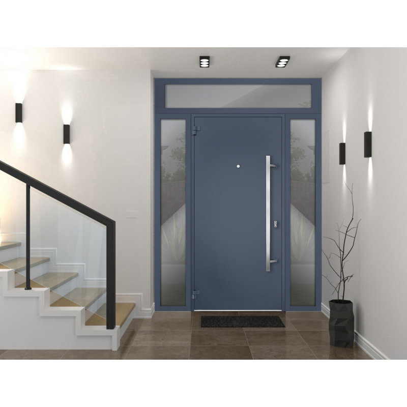 Porte avant en acier pré-suspendue à l'avant / deux graphite gris 0729/2 fenêtres extérieures latérales et supérieures / inserts en acier inoxydable peints simples modernes - l 12 po + 36 po x H 80 po + 16 po - Pivotement à droite