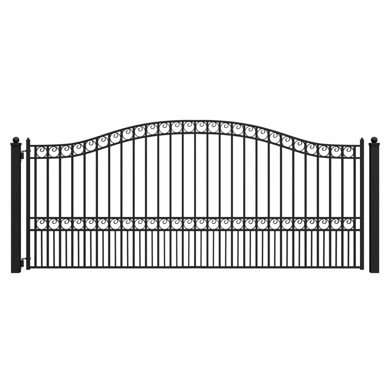 Black Steel Arched Driveway Gate with Ornamental Design
