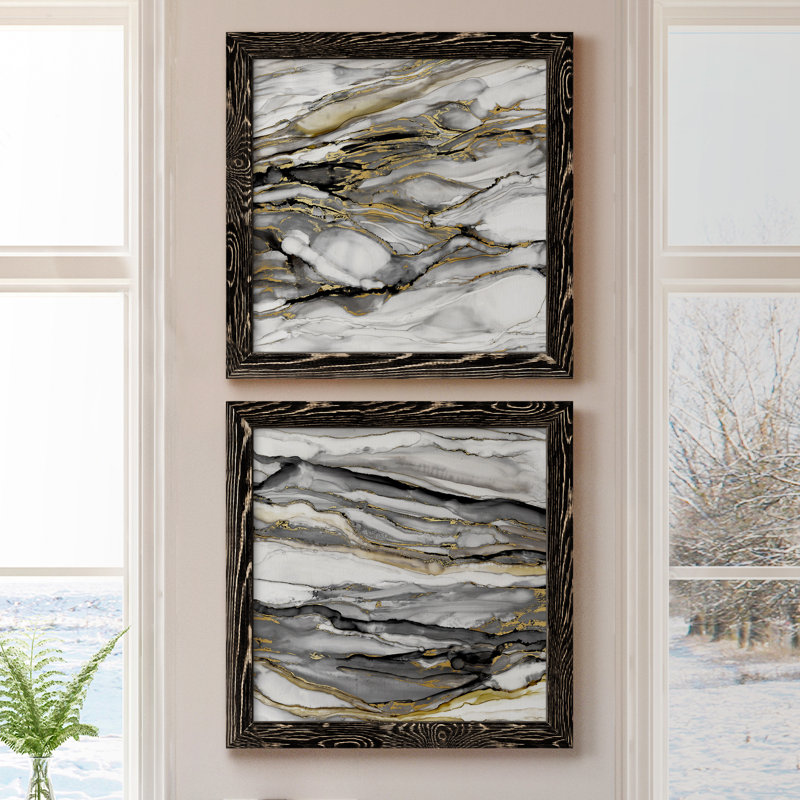 Marbré or I - ensemble de 2 peintures sur toile encadrées, Cadre noir, H 20 po x l 40 po x P 1,5 po
