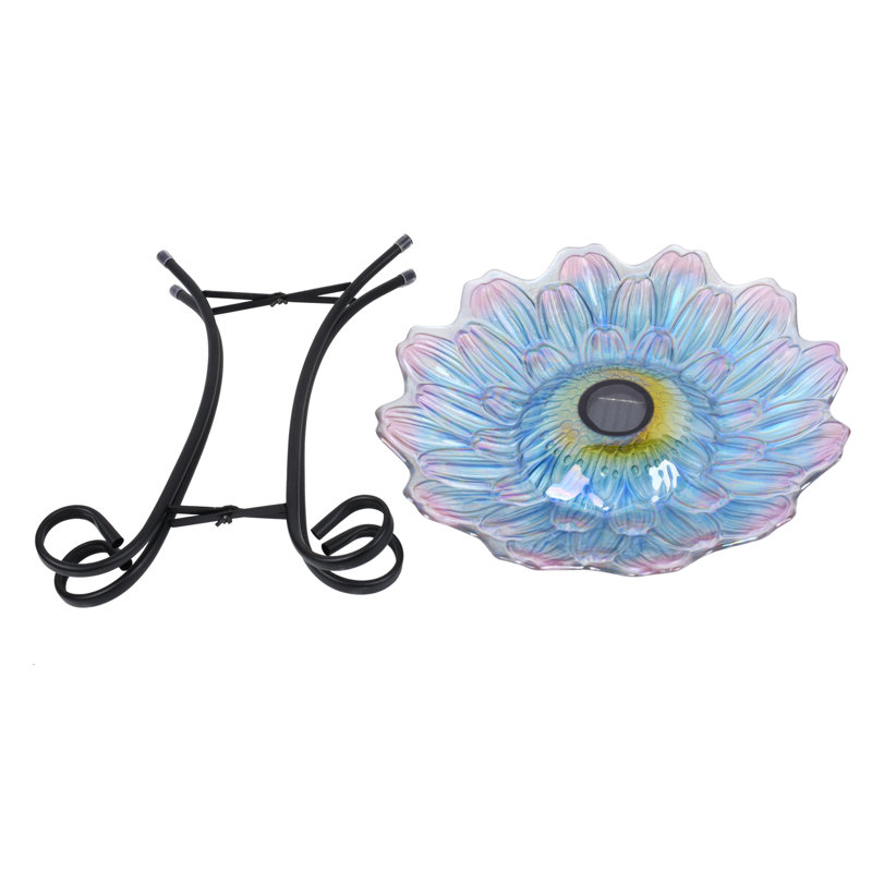 Solar Blue and Purple Glass Flower Bird Bath with Metal Stand