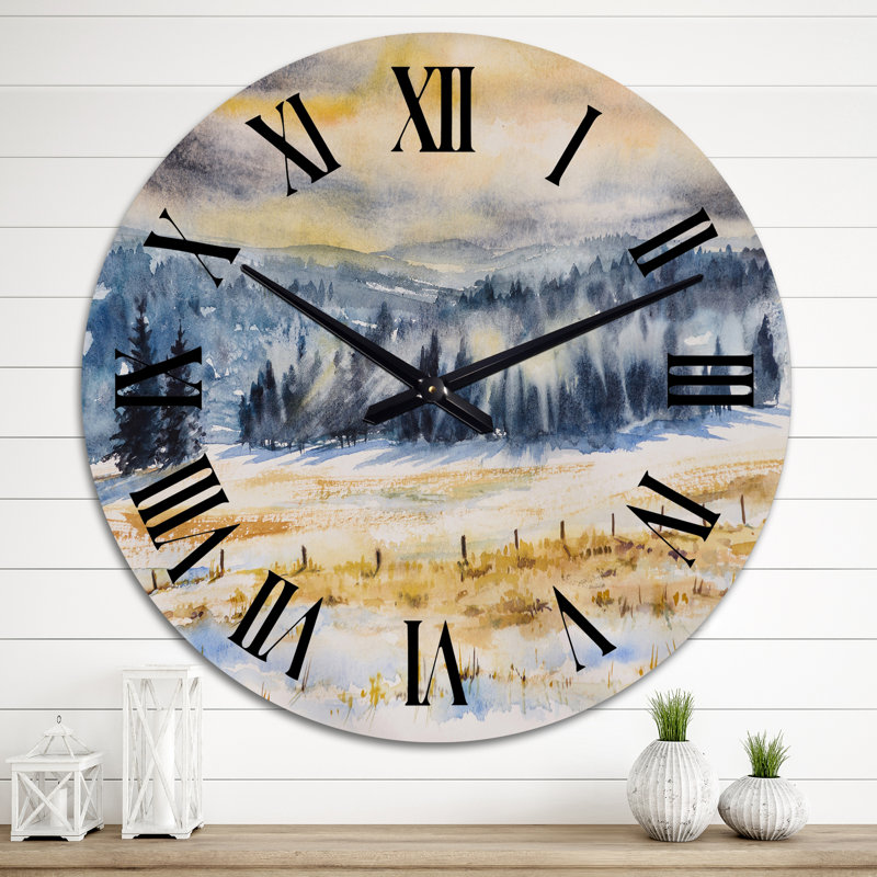 Paysage d'hiver avec des arbres enneigés - horloge murale champêtre, Grand