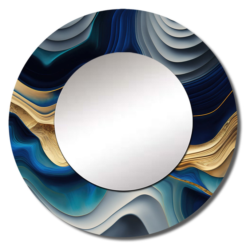 Raadiya Vibrant Blue And Gold Agate I - Transitional Unique Mirror, Blue  Large Round Wall Mirror, Printed Metal Art