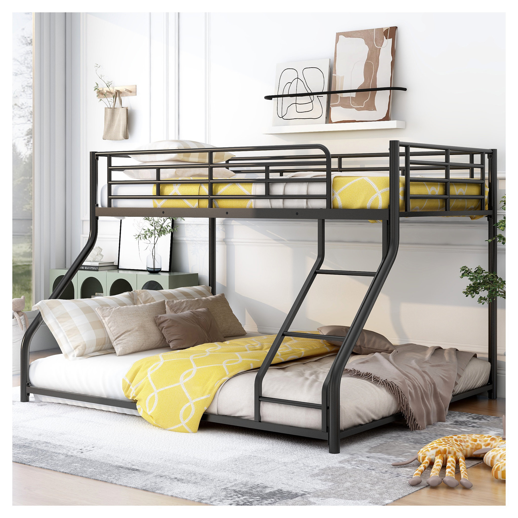 Ivy Bronx Twin XL Over Queen Metal Floor Bunk Bed with Sloping Stairs ...