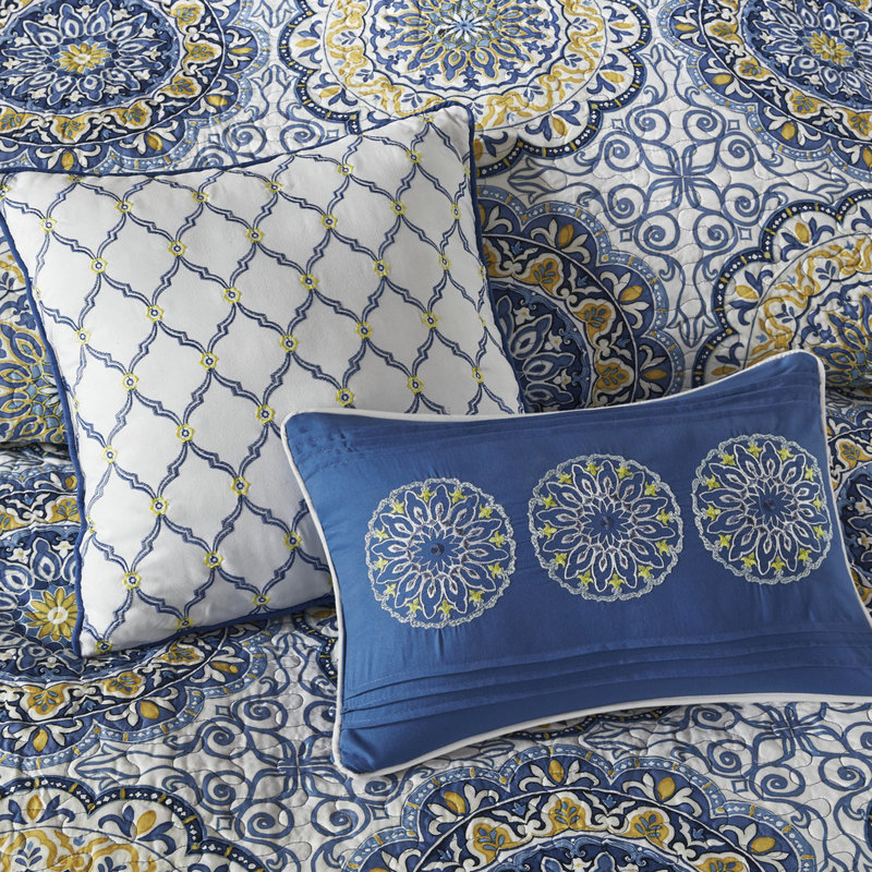 Courtepointe réversible bleue / double - Motif floral 3 coussins décoratifs 100% microfibre Laver à la machine avec un jet large médaillons lavables